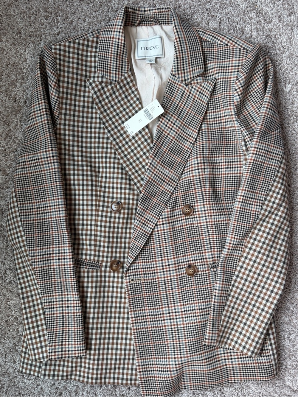 Maeve Double-Breasted multi print Brown Plaid Blazer
